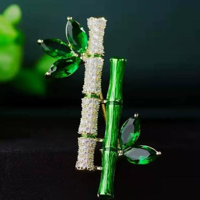 Green Crystal Ping An Bamboo Brooch