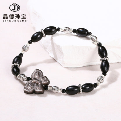 Pulsera de cuentas de arroz y obsidiana natural con obsidiana plateada 