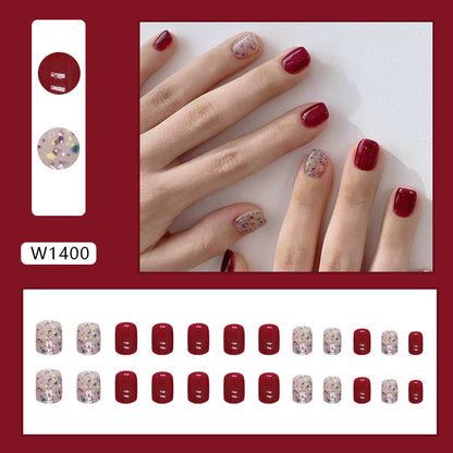 Vintage Burgundy Glitter Short Square Fake Nails