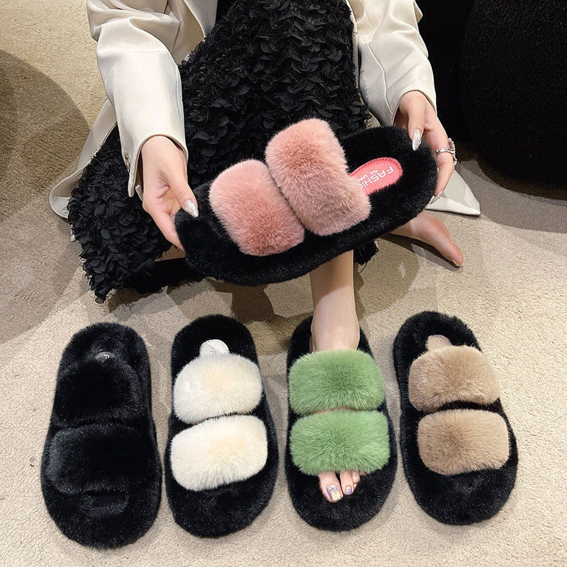 New color-blocked platform shearling slippers