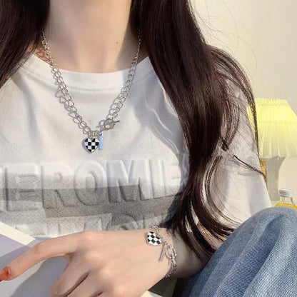 Checkerboard Love Pendant Necklace Women's Bracelet Set