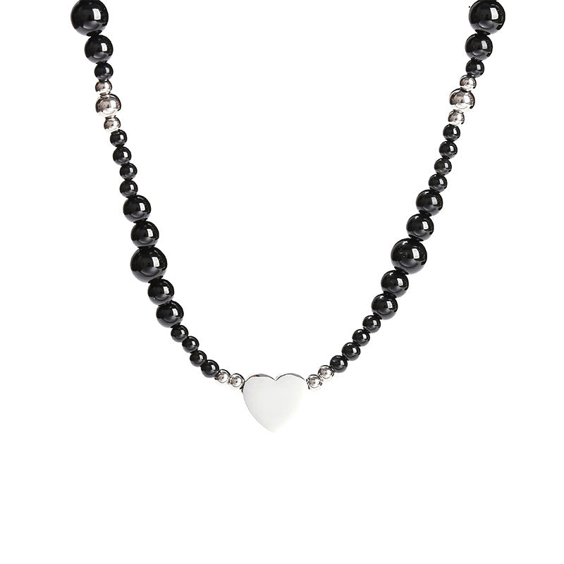 5A Natural Black Agate Necklace Stainless Steel Love Heart Pendant