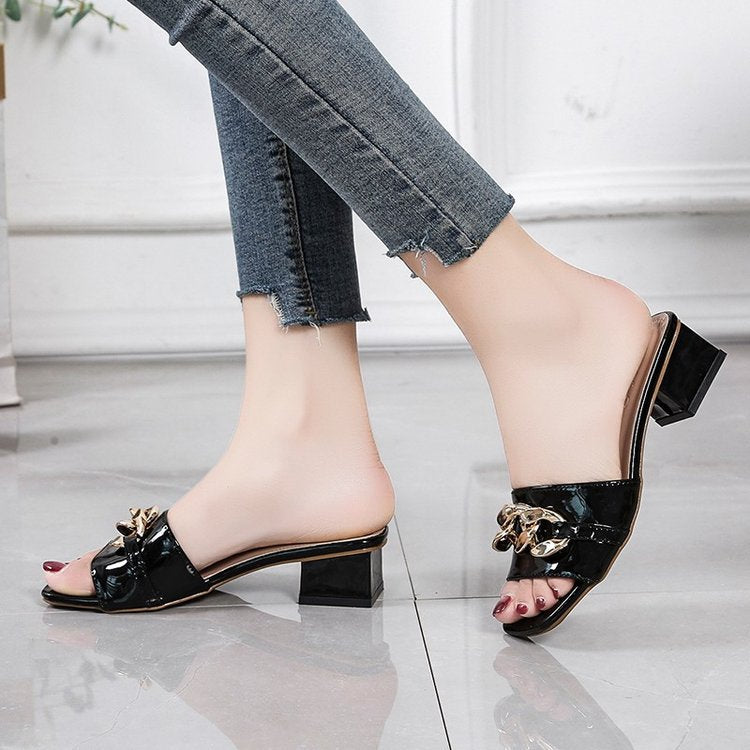 Metal buckle high-heeled slippers