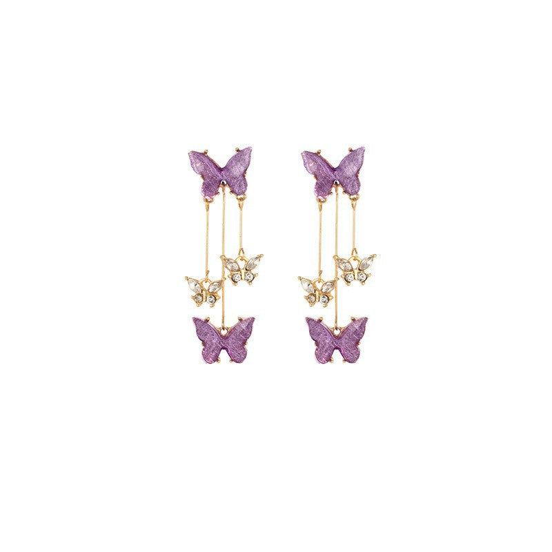 Purple butterfly long fringed earrings