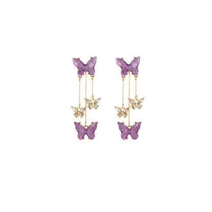 Purple butterfly long fringed earrings