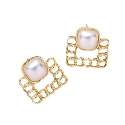 Chain Geometric Square Pearl Stud Earrings