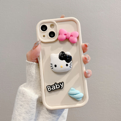 Funda de bambú alta para iPhone 15 Pro 12 XR con lazo 3D de Hello Kitty, cubierta completa, linda 