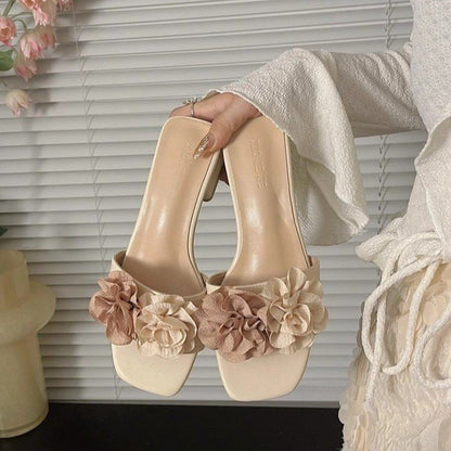 Flower medium heel one-word cool slippers