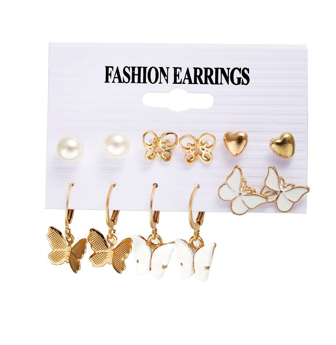 Heart-shaped white stone earrings set of 6 pairs