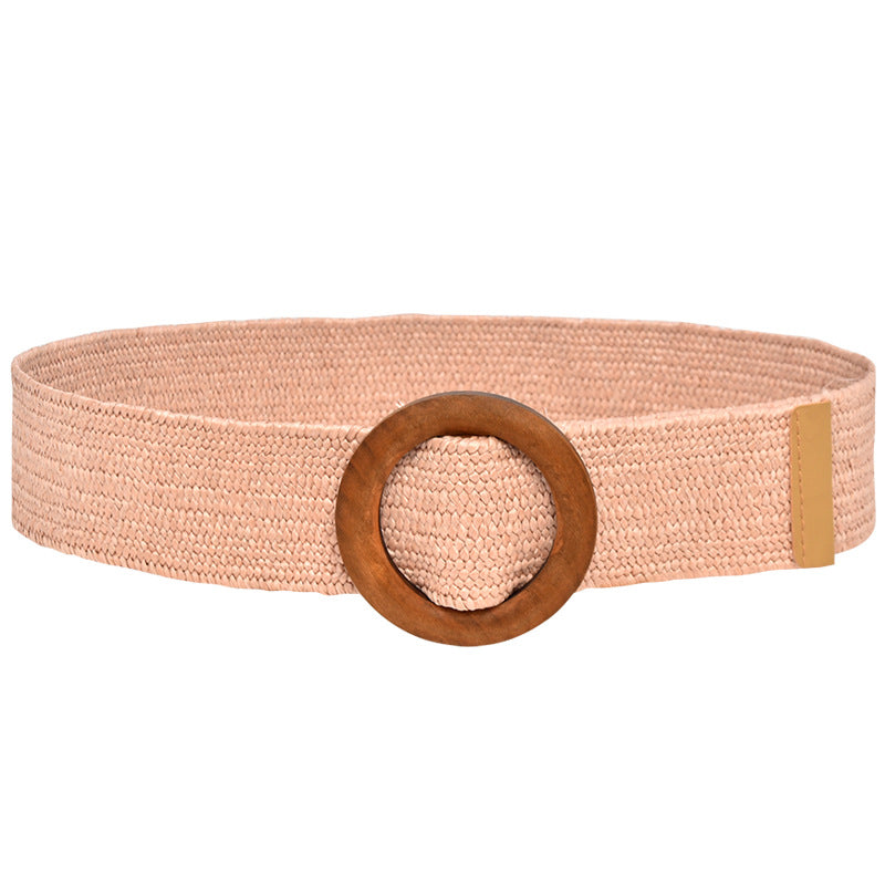 5CM wood buckle braided elastic belt