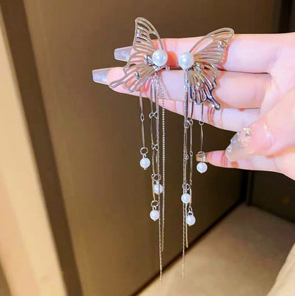 Pendientes de mariposa con flecos de perlas y clip para oreja para mujer 