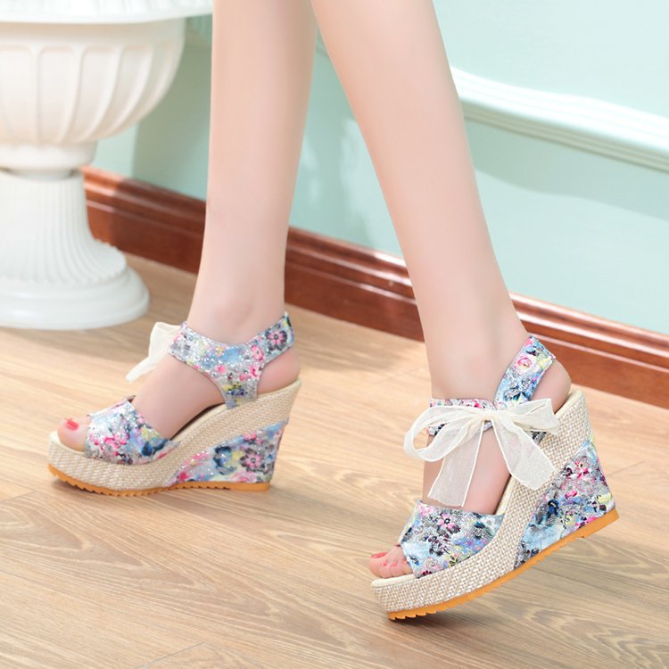 Flower Wedge Heel Strap Bow Shoes