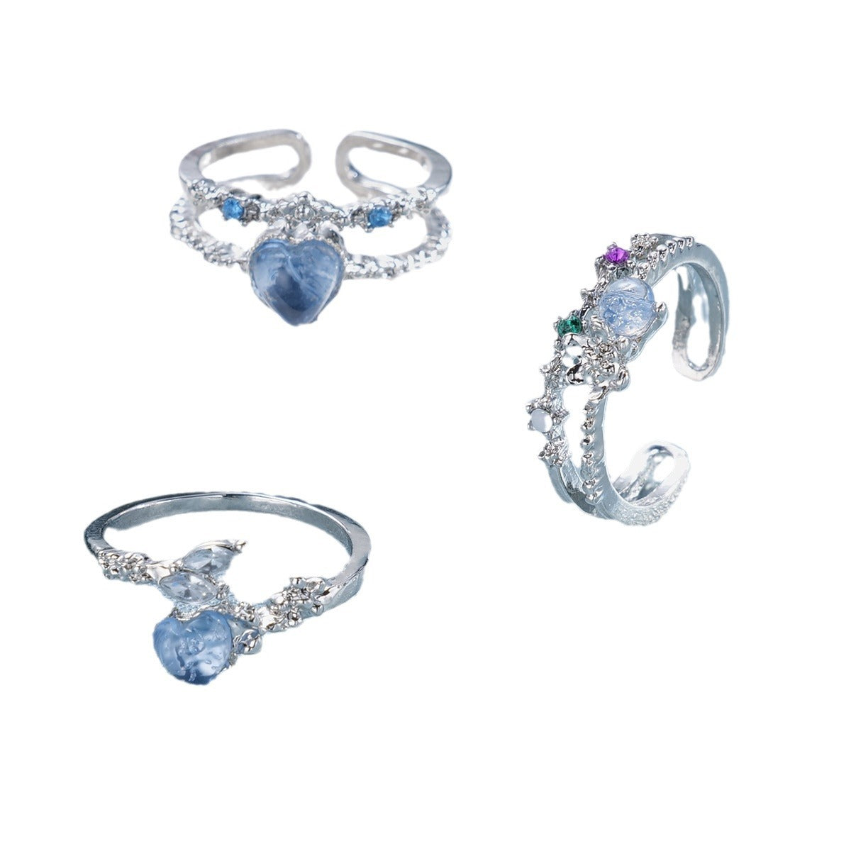 Sea blue heart moonlight zircon open ring