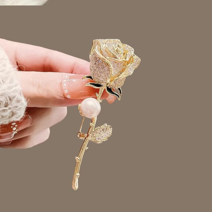 Metal Full Diamond Pearl Rose Brooch