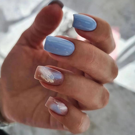 White-Enhancing Blue Medium-Length Square Fake Nails