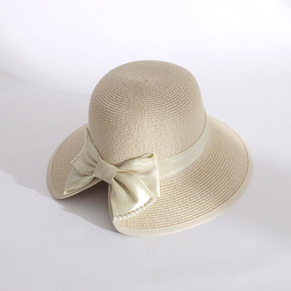 Bow Sun Hat Women Fashion Straw Korean Pearl Wide Brim UV Fisherman