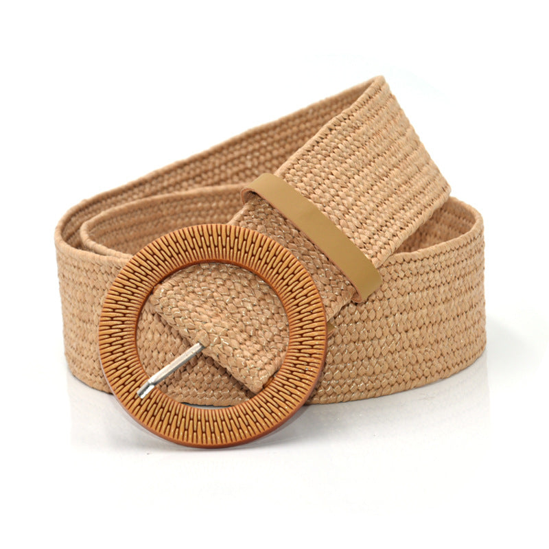 Woven belt Wood-colored square buckle belt