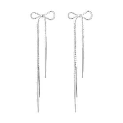 Metal extra long bow fringed earrings