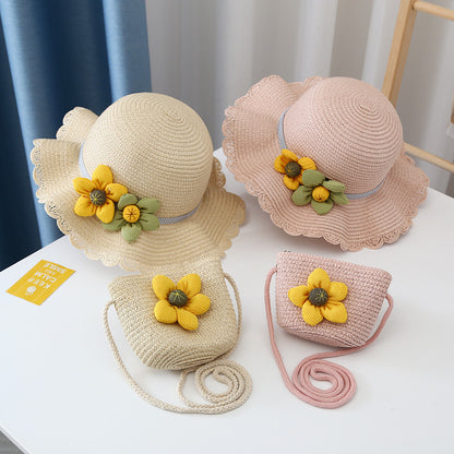 Kids Sun Hat Girls Spring Summer New Straw Purse UV Wide Brim