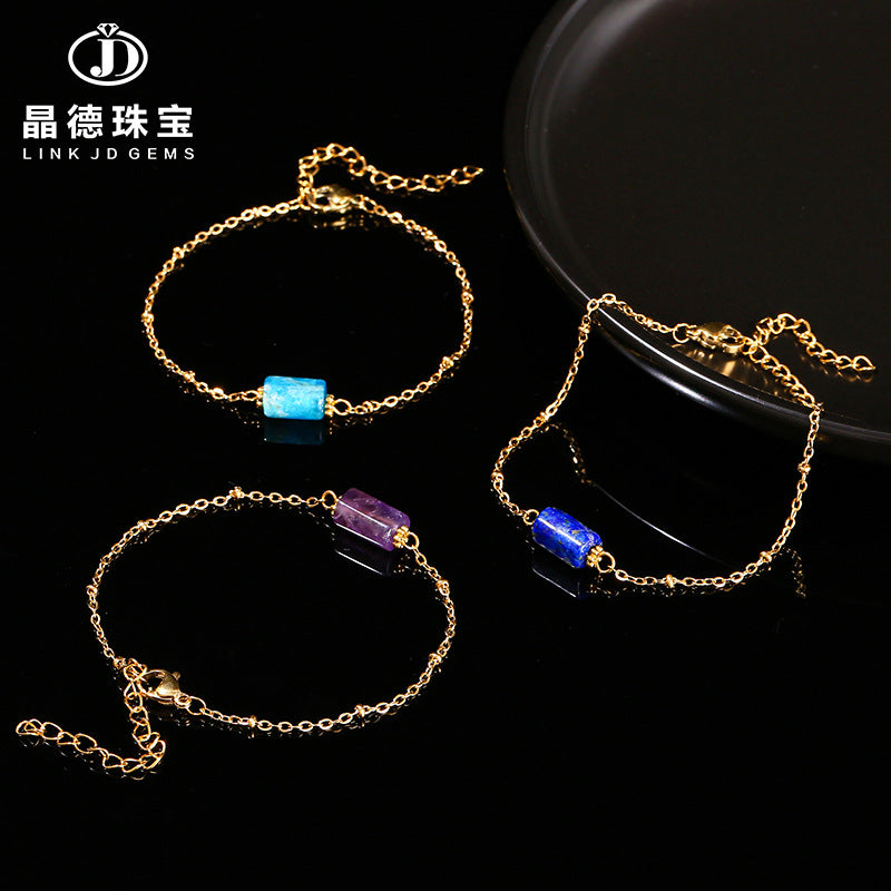 Natural crystal round tube bead stainless steel bracelet