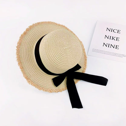 Sombrero de rafia para mujer, estilo francés, de ala plana, para playa y verano 