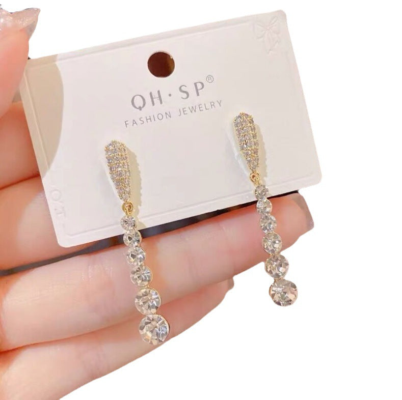 S925 Silver Needle Long Rhinestone Fringed Earrings