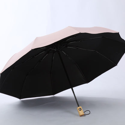 Wood Handle Automatic Umbrella 3-Fold Black Coated Umbrella