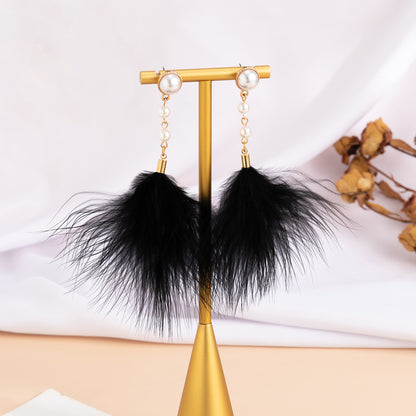 Feather fringed imitation pearl earrings