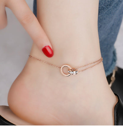 Digital diamond-set zircon double ring anklet