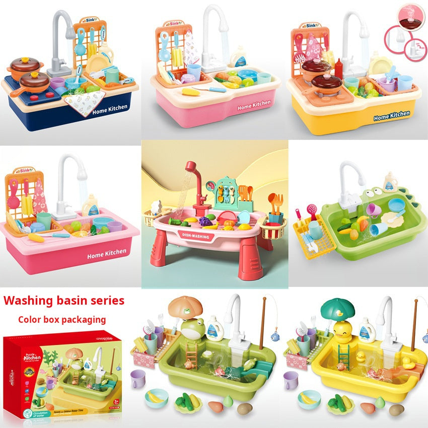 Children's Simulation Electric Water Dispensing Vegetable Washing Basin Dishwashing Sink Kitchen Utensil Set Toy for 2-3 Years Old