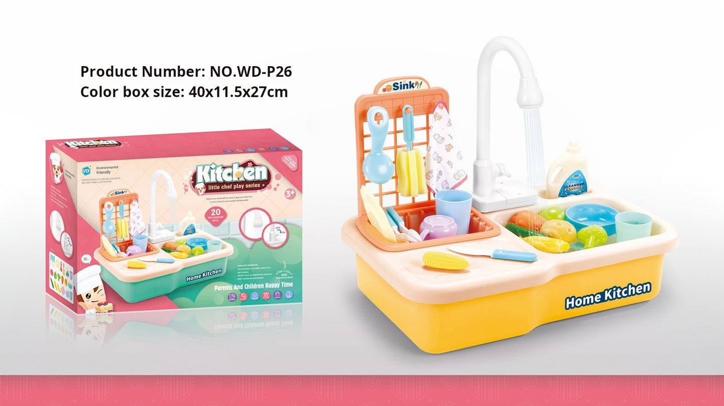 Children's Simulation Electric Water Dispensing Vegetable Washing Basin Dishwashing Sink Kitchen Utensil Set Toy for 2-3 Years Old