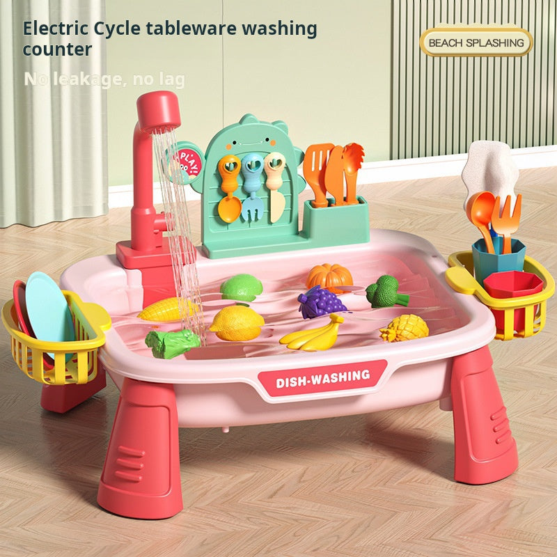 Children's Simulation Electric Water Dispensing Vegetable Washing Basin Dishwashing Sink Kitchen Utensil Set Toy for 2-3 Years Old