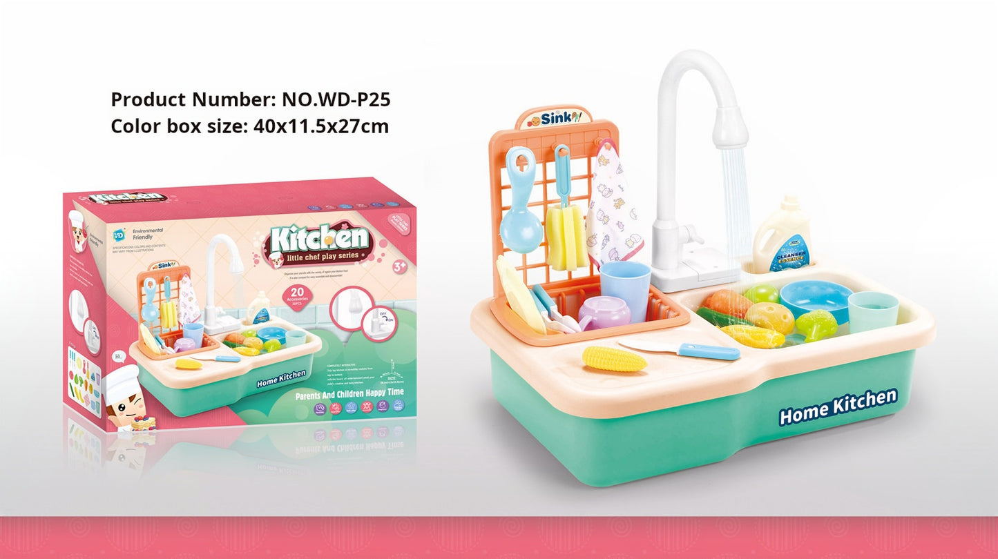 Children's Simulation Electric Water Dispensing Vegetable Washing Basin Dishwashing Sink Kitchen Utensil Set Toy for 2-3 Years Old