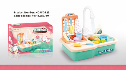 Children's Simulation Electric Water Dispensing Vegetable Washing Basin Dishwashing Sink Kitchen Utensil Set Toy for 2-3 Years Old