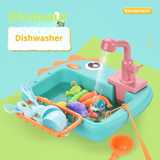 Children's Electric Dinosaur Dishwashing Sink Toy with Circulating Water Fishing Dishwasher 2-in-1 Kitchen Pretend Play Toy