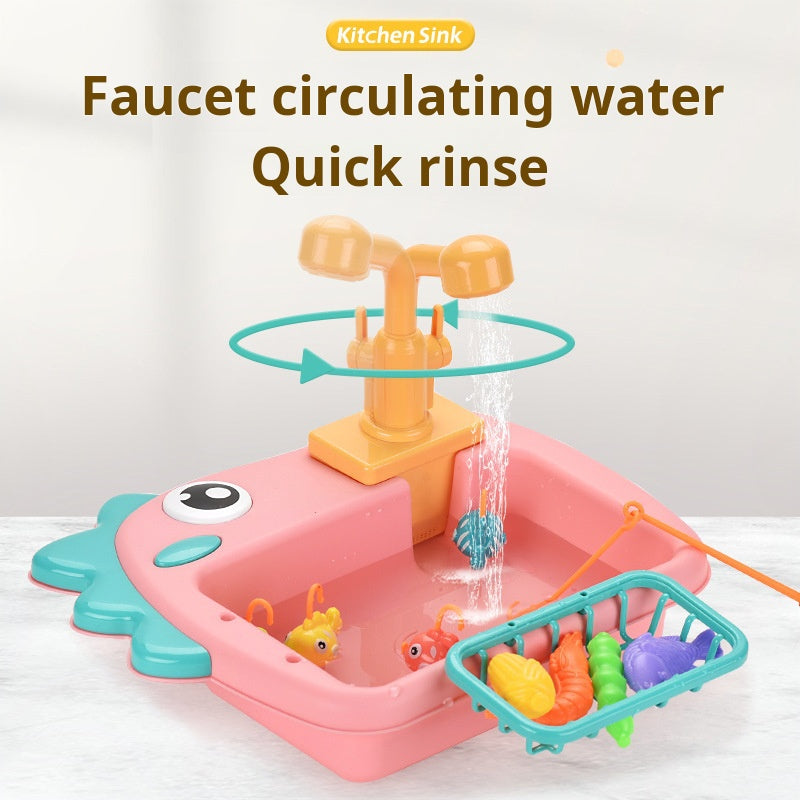 Children's Electric Dinosaur Dishwashing Sink Toy with Circulating Water Fishing Dishwasher 2-in-1 Kitchen Pretend Play Toy