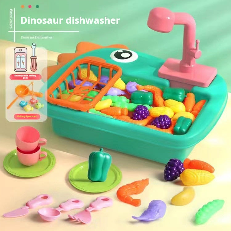 Children's Electric Dinosaur Dishwashing Sink Toy with Circulating Water Fishing Dishwasher 2-in-1 Kitchen Pretend Play Toy