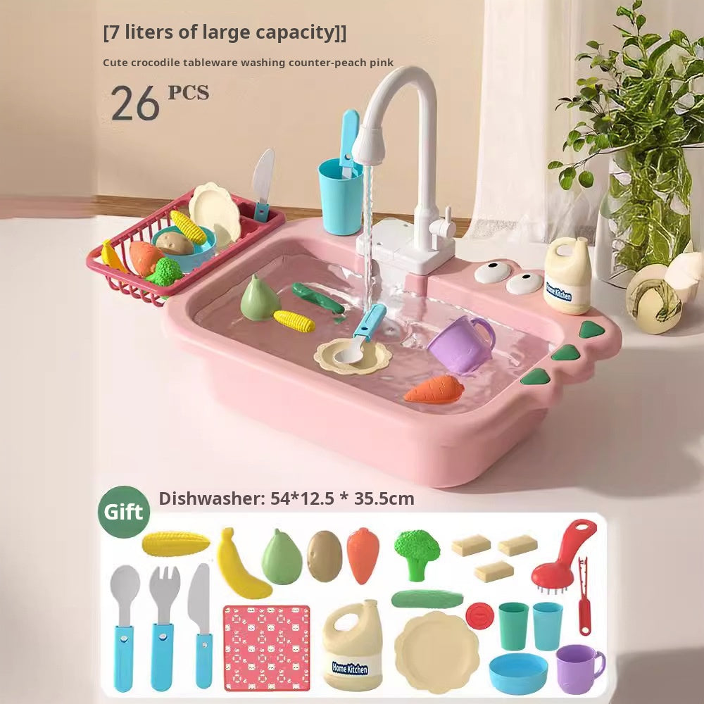 Children's Electric Dishwasher Toy with Recirculating Water Pretend Play Kitchen Sink Small Basin Educational Dining Kitchen