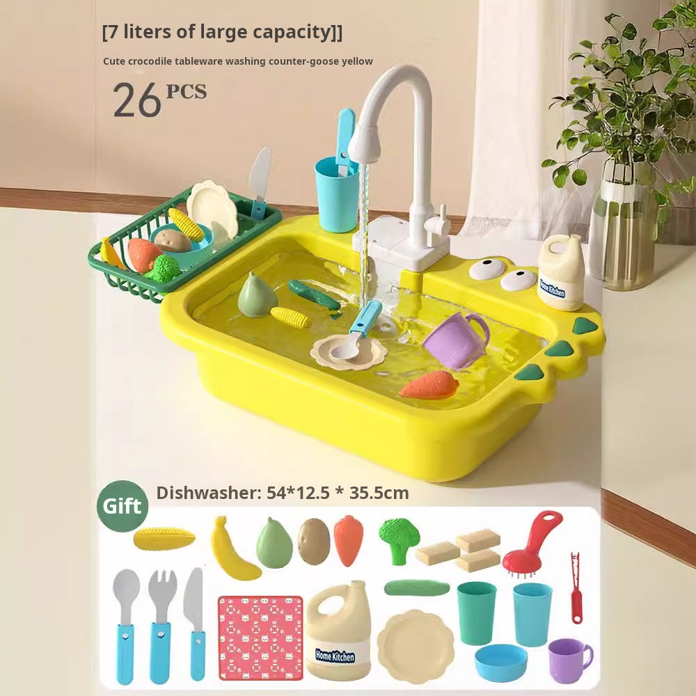 Children's Electric Dishwasher Toy with Recirculating Water Pretend Play Kitchen Sink Small Basin Educational Dining Kitchen