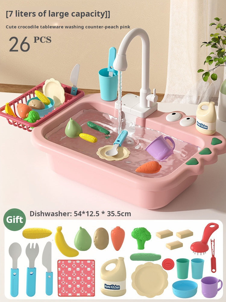 Children's Electric Dishwasher Toy with Recirculating Water Pretend Play Kitchen Sink Small Basin Educational Dining Kitchen