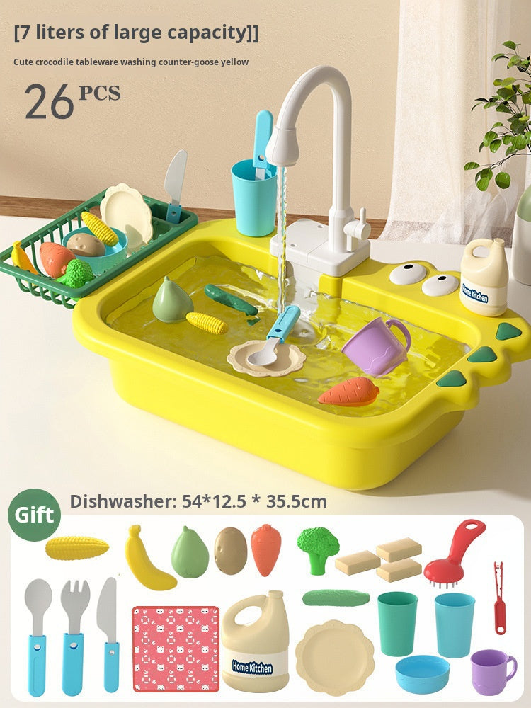 Children's Electric Dishwasher Toy with Recirculating Water Pretend Play Kitchen Sink Small Basin Educational Dining Kitchen