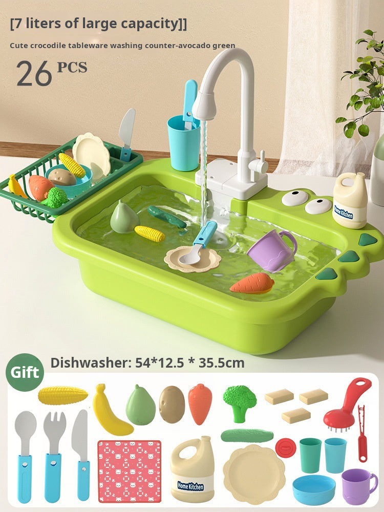 Children's Electric Dishwasher Toy with Recirculating Water Pretend Play Kitchen Sink Small Basin Educational Dining Kitchen