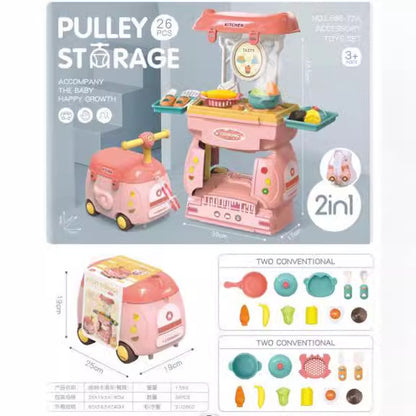 Children's Pretend Play Toy Set: Rolling Luggage, Kitchen Utensils, Makeup Tools, Luggage Storage Box Combination