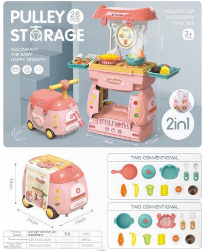 Children's Pretend Play Toy Set: Rolling Luggage, Kitchen Utensils, Makeup Tools, Luggage Storage Box Combination