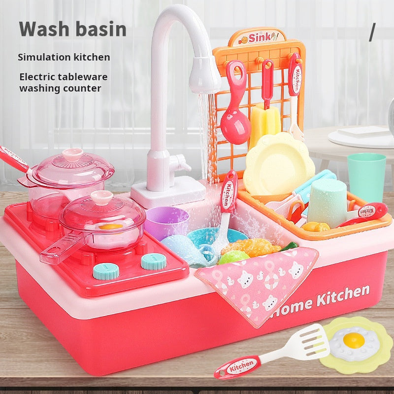 Children's Pretend Play Dishwasher with Dishwashing Basin, Circulating Water, Stove, Baby Pretend Play Kitchen Toy