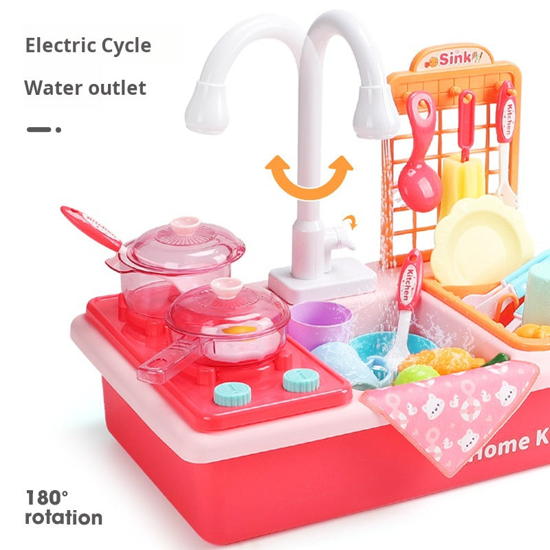 Children's Pretend Play Dishwasher with Dishwashing Basin, Circulating Water, Stove, Baby Pretend Play Kitchen Toy