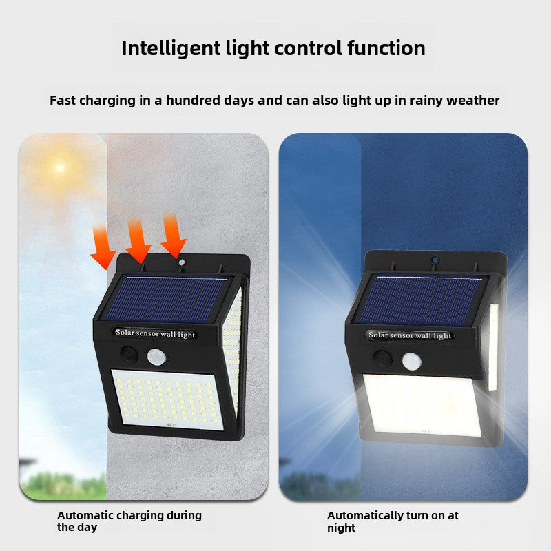 100LED solar human body induction three-sided luminous wall lamp