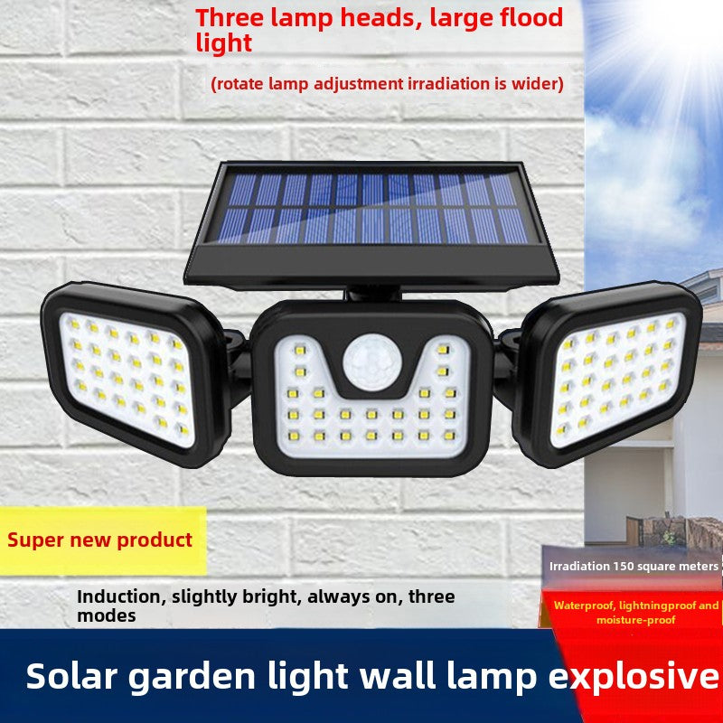 Solar outdoor human body induction three-head wall lamp