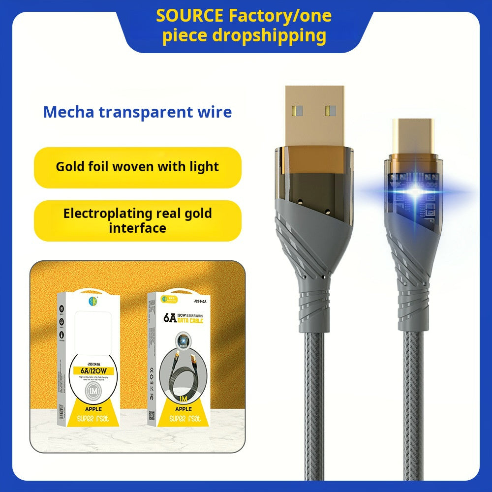 Cable de datos transparente chapado en oro de carga rápida inteligente cc con luz 