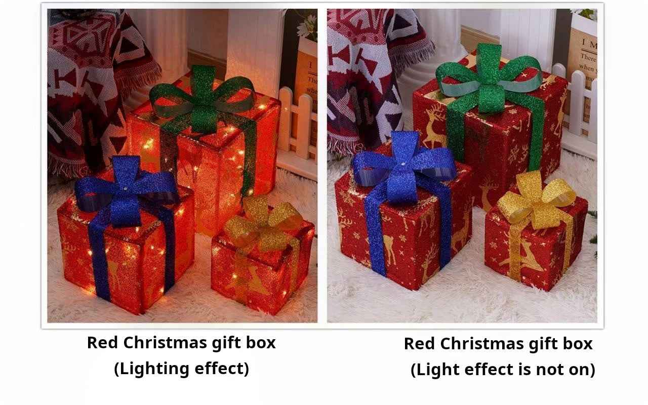 Caja de regalo de Navidad, juego de tres piezas, adornos de accesorios de luz luminosa 